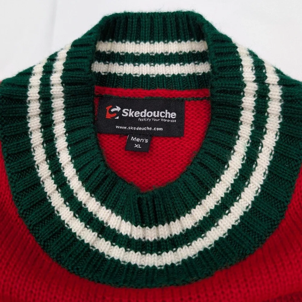 Men's XL Snowman Red Christmas Sweater‎ Long Sleeve Green White Stripe Collar